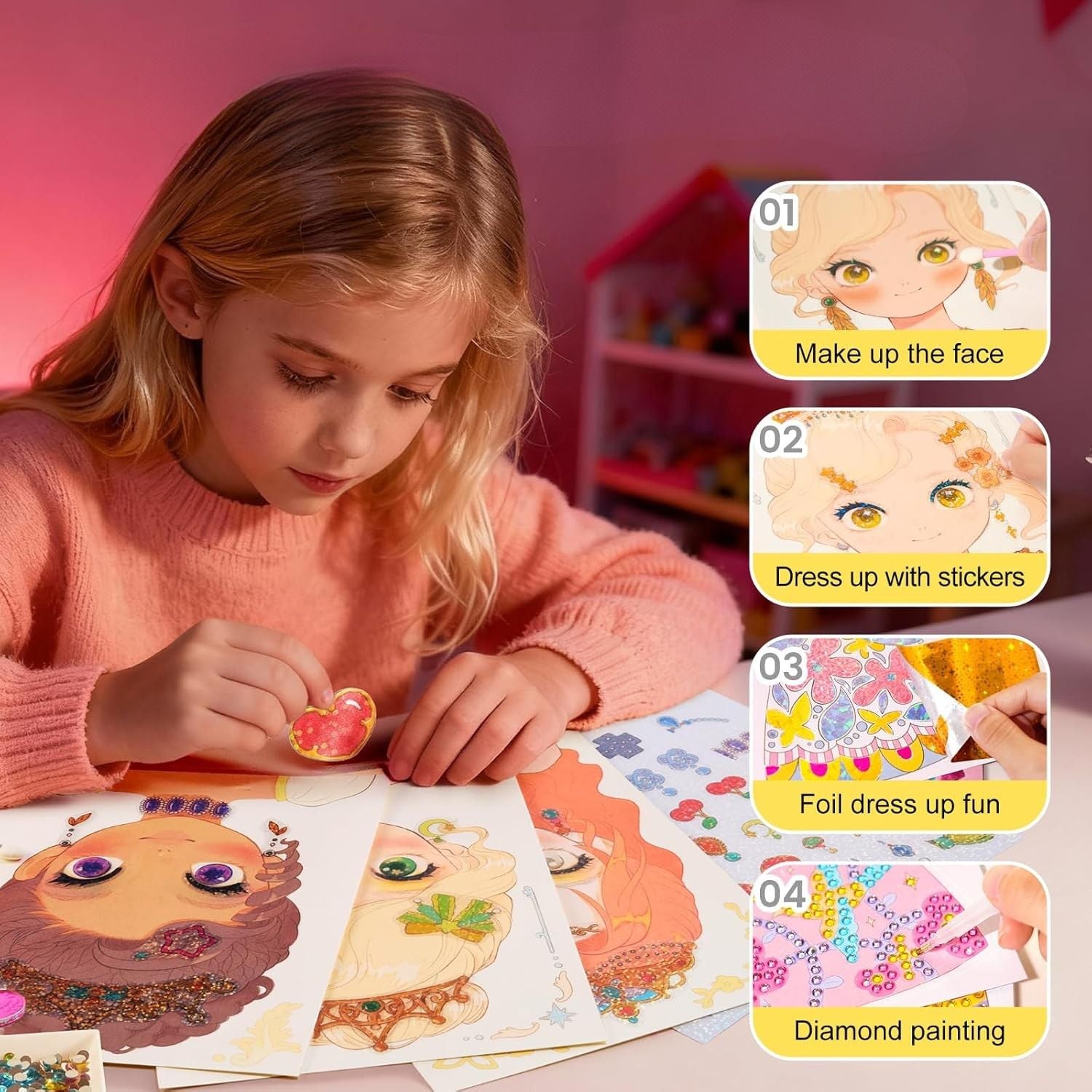 Princess Art Studio - 4-in-1-Prinzessinnen-Kunststudio | Bastelbuch mit Make-up, Schmucksteinen und Folie