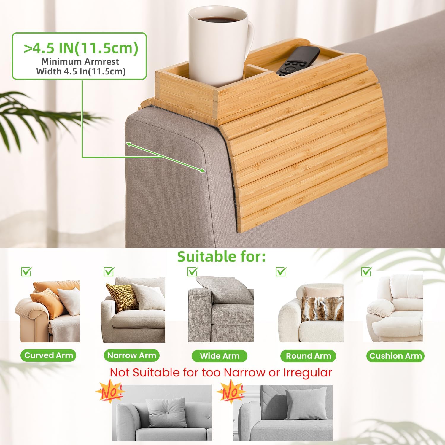 CouchTray - Sofa-Armablage Bambus — Getränkehalter & Ablage in einem