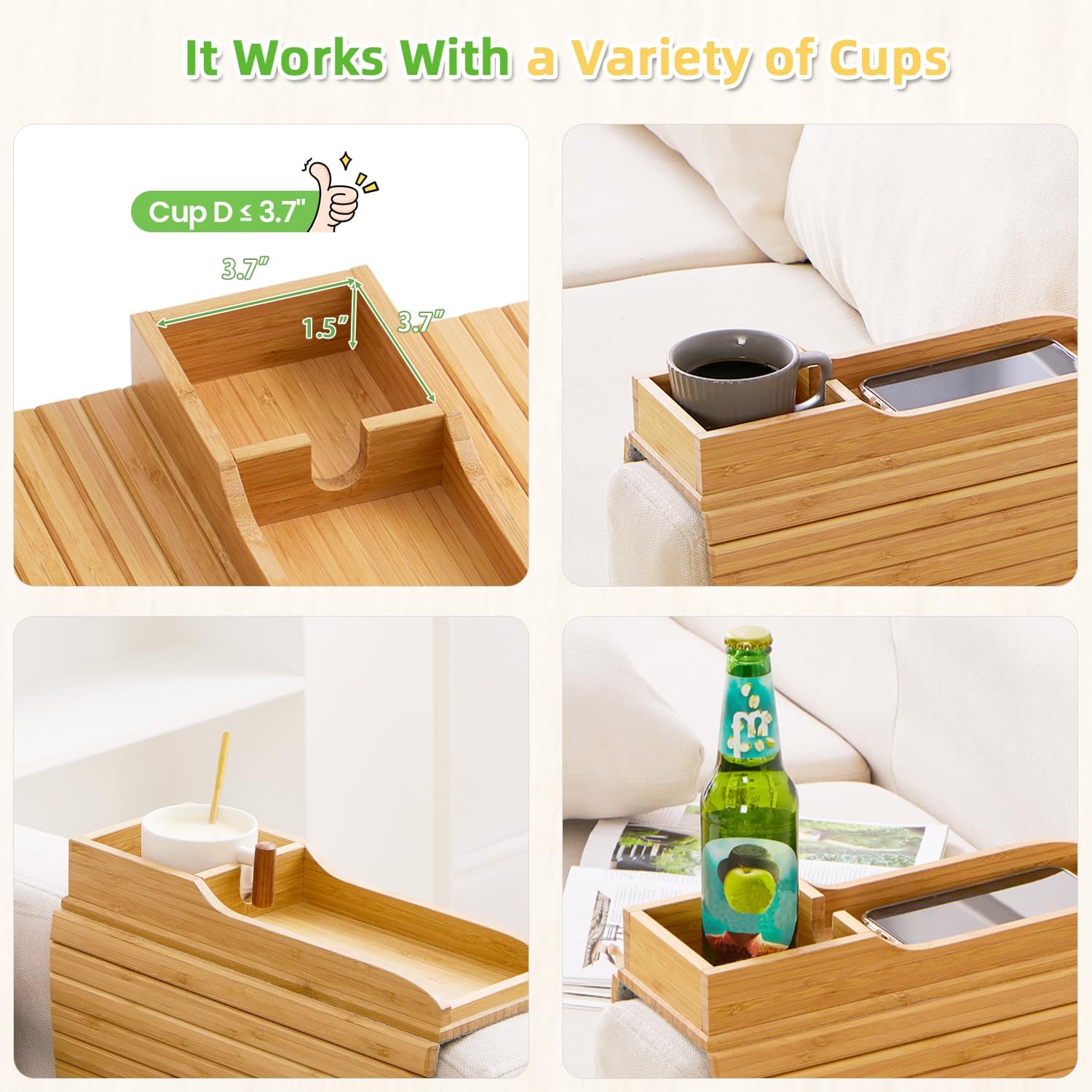 CouchTray - Sofa-Armablage Bambus — Getränkehalter & Ablage in einem
