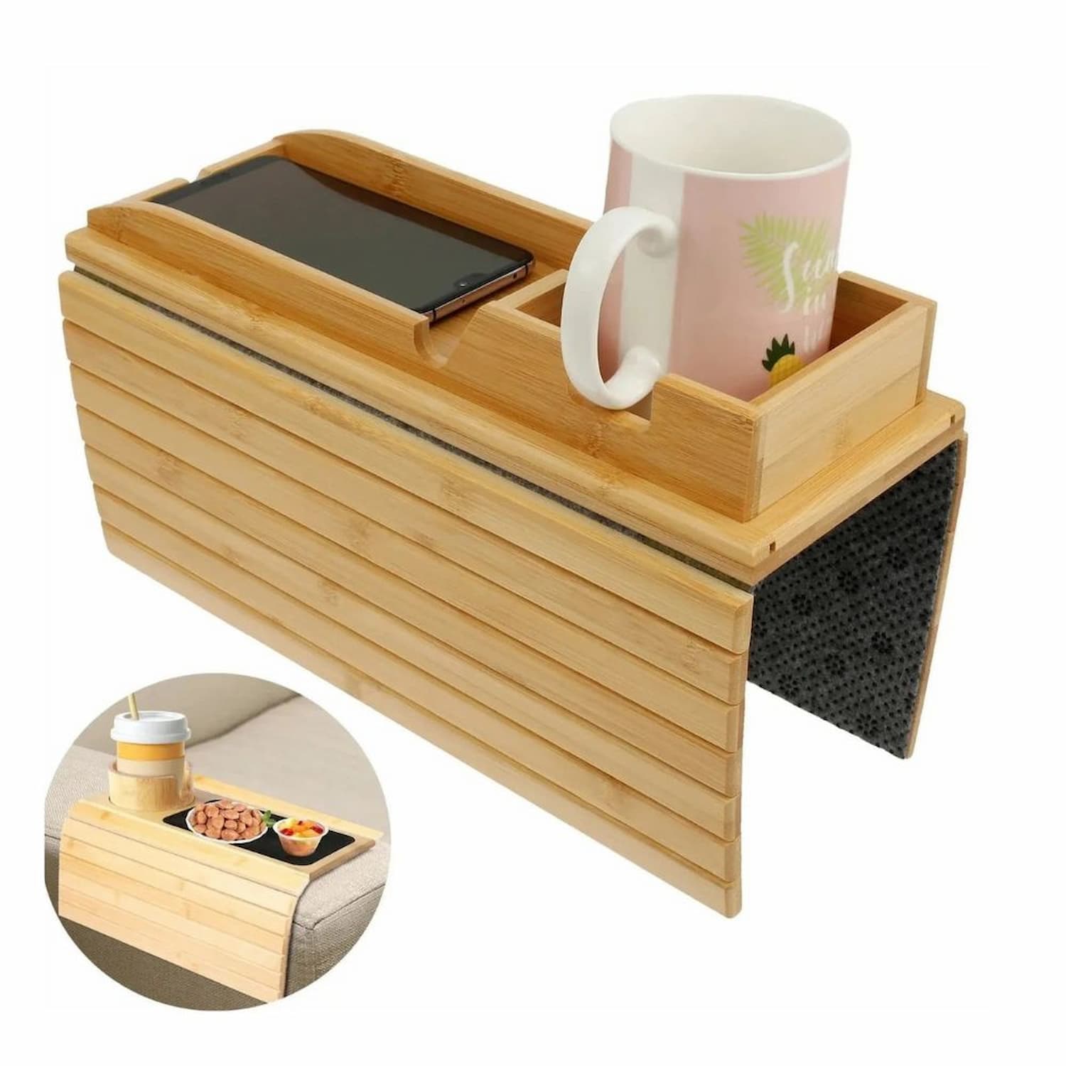 CouchTray - Sofa-Armablage Bambus — Getränkehalter & Ablage in einem
