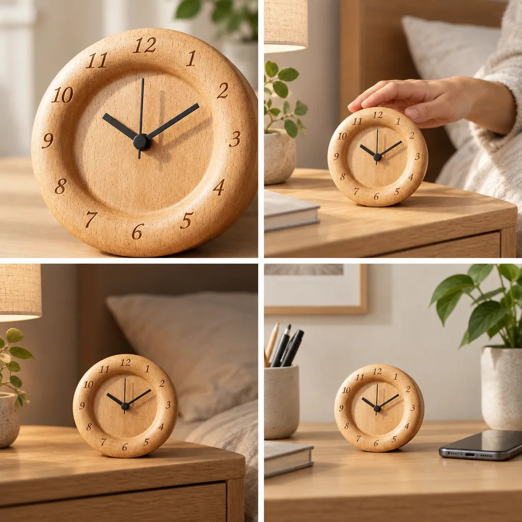 Vierteilige Bildcollage zum geräuschlosen Buchenholz-Wecker: eine Nahaufnahme der runden Uhr aus hellem Buchenholz mit eingravierten Ziffern und schwarzen Zeigern sowie drei Wohnszenen, in denen sie auf einem Nachttisch neben Lampe, Pflanze, Buch und Smartphone steht und eine Hand sie von oben antippt.