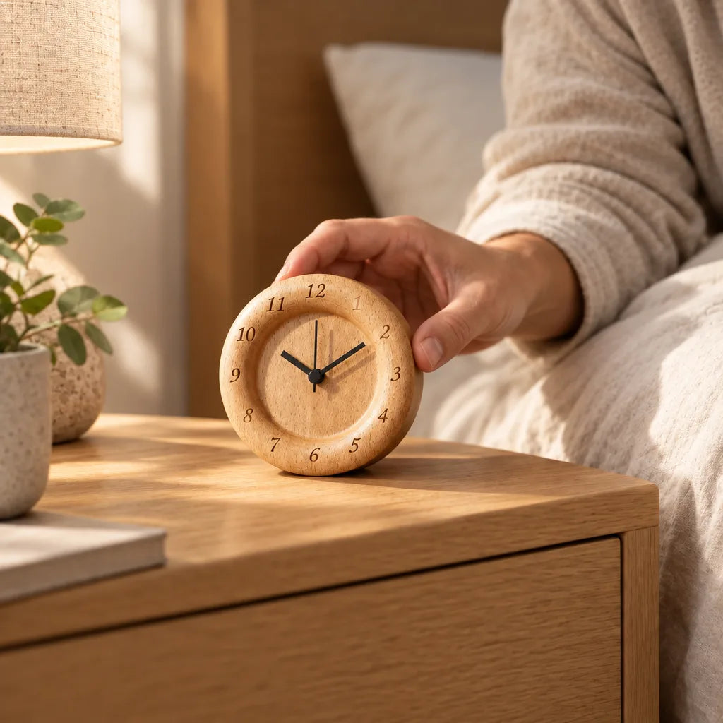 Eine Hand greift nach dem geräuschlosen Buchenholz-Wecker mit schwarzen Zeigern, der auf einem hellen Holznachttisch neben einer Leinenlampe und einer Topfpflanze steht, während im Hintergrund ein Bett mit heller Bettwäsche zu sehen ist.