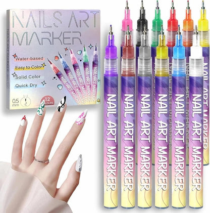 NailArt - 12 Farben Nagelkunst-Stifte — Acryl-Nageldesign-Set mit feiner Spitze