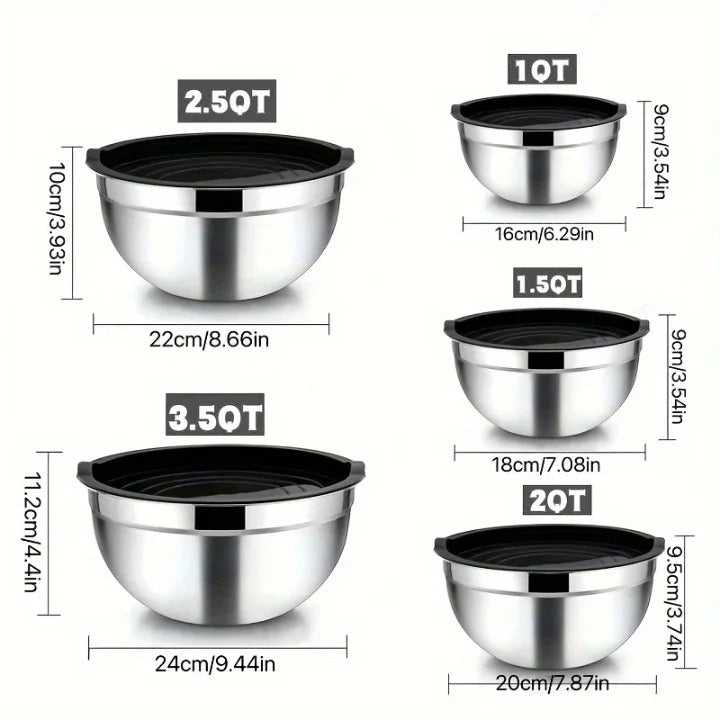 WicBowls - Edelstahl-Rührschüsseln mit Deckel [5er-Set]