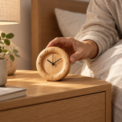 Eine Hand stellt den geräuschlosen Buchenholz-Wecker mit schwarzen Zeigern auf einen hellen Holz-Nachttisch, daneben eine leuchtende Tischlampe, eine kleine Topfpflanze und Bücher, im Hintergrund ein Bett mit Kissen und eine Person im hellen Bademantel.